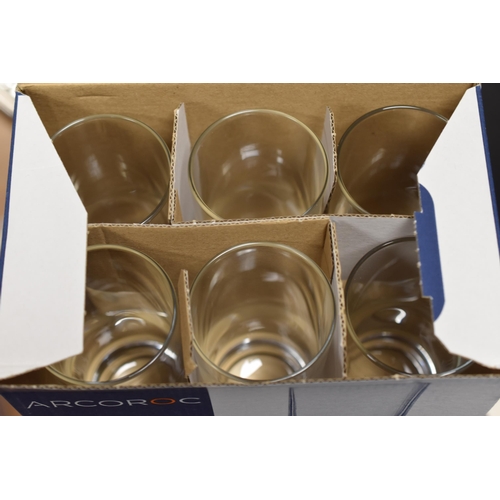 760 - Three Boxes of Brand New Drinking Glasses to include Arcoroc Tumblers and Pasabahce Cocktail Glasses