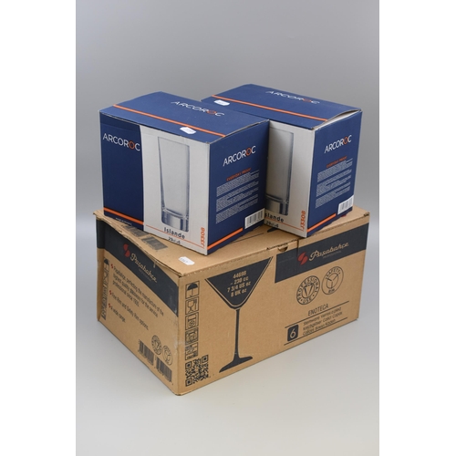 760 - Three Boxes of Brand New Drinking Glasses to include Arcoroc Tumblers and Pasabahce Cocktail Glasses