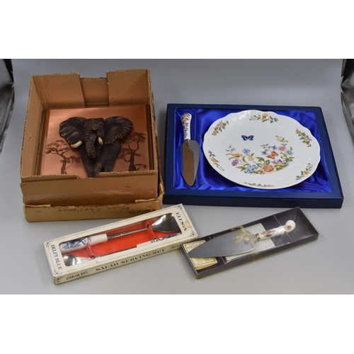 779 - A Mixed Lot To Include Anysley Cake Plate, Boxed Pieces of Serving Cutlery, And Copper Elephant Wall... 