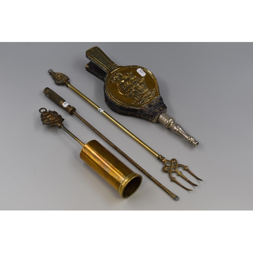 781 - Set of Brass Bellows, Brush, with Fireside Fork and Poker