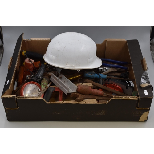 794 - Mixed selection of tools to include screw drivers, spanners,fencing plyers,mitre blocks ,hard hat an... 