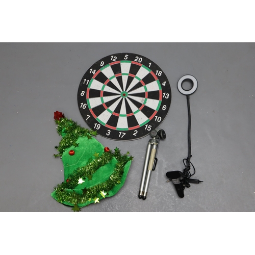 816 - Mixed Lot Including Dart Board, Christmas Hat, Tripod and More