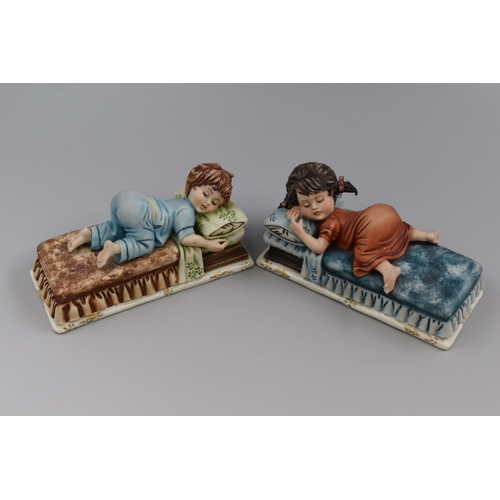 324 - Pair of Vintage Maria Angela Naples Sleeping Children Statues with markings to the base