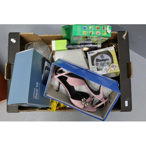 836 - Two Boxes includes 80’s Fancy Dress Outfit, Pair of Size 7 Shoes, Samsung Gear VR Boxed, Micro... 