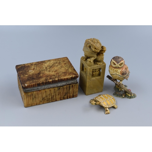 288 - An Alabaster Trinket Box, With Owl and Tortoise Trinket Boxes and Soapstone Foo Dog Stamp