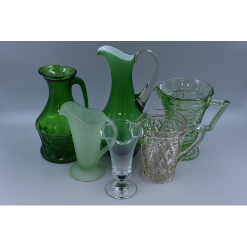 293 - Five Glass Jugs, includes Small Art Deco Green Jug and a Selection of 1920's Jugs (Tallest 11