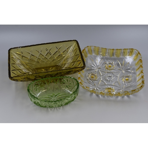 335 - Three 1920'S Coloured Glass items. Includes Patterned Square Shaped Bowl, Small Green Bowl and Amber... 