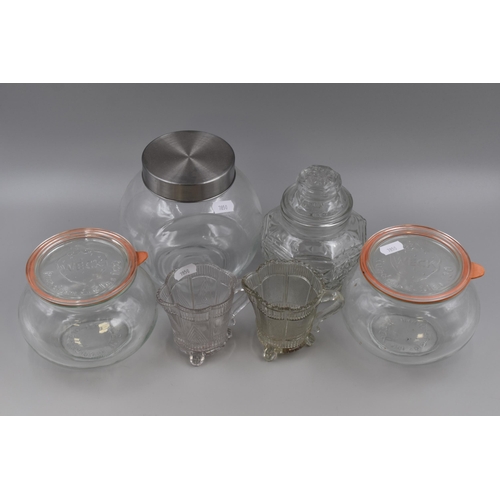 759 - Mixed Selection, includes Two Weck Storage Jars, Metal Top Storage Jar, Lidded Sweet Jar and Two Gla... 