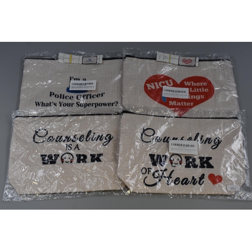 778 - Four New Gift Cosmetic Bags, includes 'Counseling is a Work of Heart', 'I'm a Police Officer What's ... 