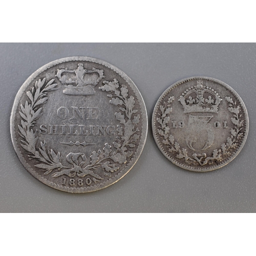 84 - Victoria Silver 1880 Shilling and 1901 Threepence