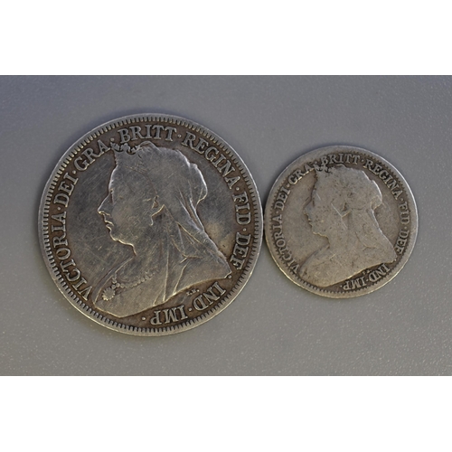 90 - Victoria Silver 1899 Shilling and a 1900 Threepence