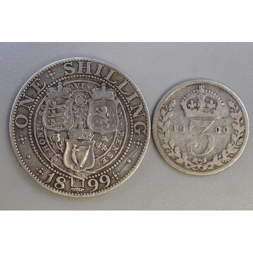 90 - Victoria Silver 1899 Shilling and a 1900 Threepence