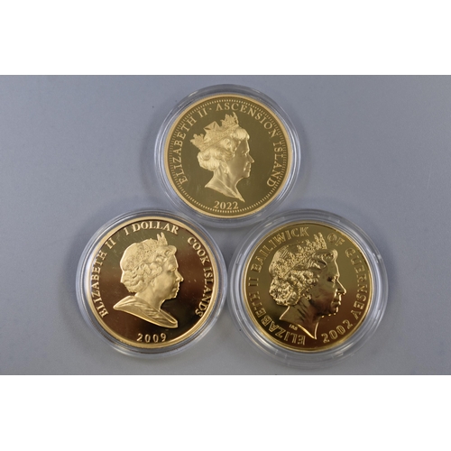 93 - Three Elizabeth II Gold Plated Coins including Platinum Jubilee £5, Golden Jubilee £5, a... 