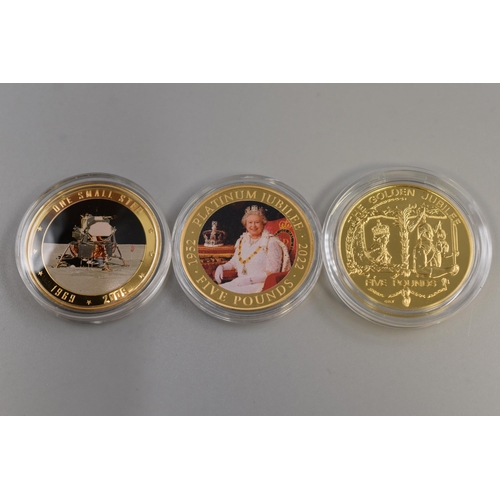 93 - Three Elizabeth II Gold Plated Coins including Platinum Jubilee £5, Golden Jubilee £5, a... 