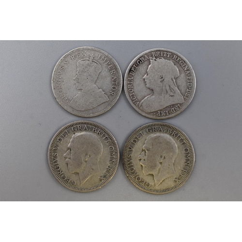 103 - Four Silver George V and Victoria Shillings (1895, & 1928)