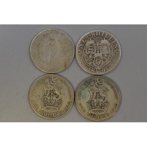 103 - Four Silver George V and Victoria Shillings (1895, & 1928)