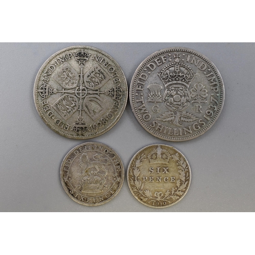 108 - George V Silver Florin and Sixpence, Edward VII Six Pence and a George VI Two Shilling