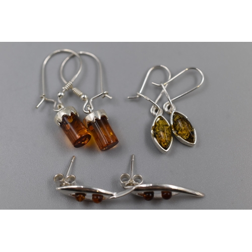 4 - Three Pairs Silver 925 Earrings with Amber Stones