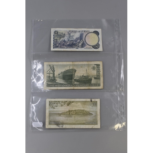 119 - Three Old Channel Islands One Pound Banknotes includes States of Jersey, 1963 Clydesdale Bank and St... 