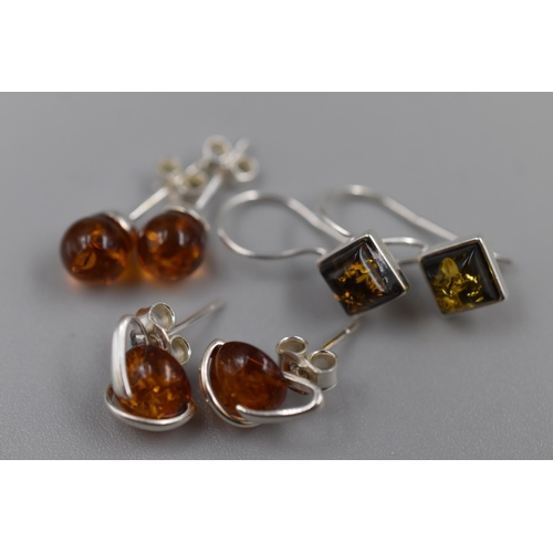 6 - Three Pairs of Silver 925 Amber Stoned Earrings