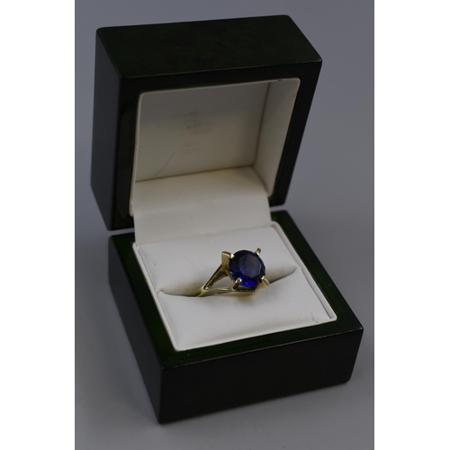 13 - Silver 925 Statement Ring with Large Blue Stone (Size Q). Complete with Presentation Box