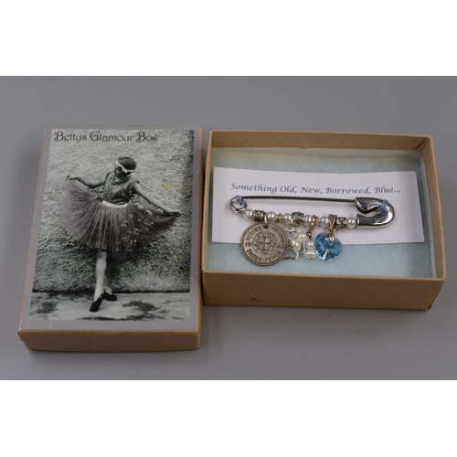 15 - Bettys Glamour Box Brooch with Silver Three Pence Coin and Box