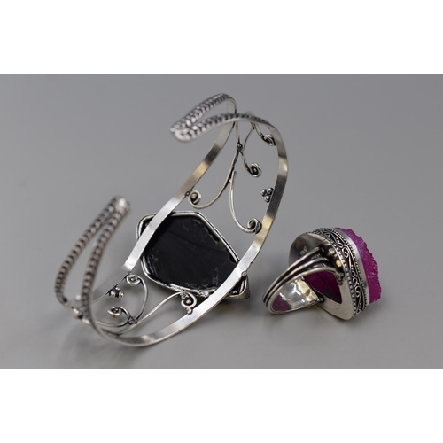 16 - A Crystal Titanium 925. Silver Cuff Bangle, With Titanium Druzy Stoned 925. Silver Ring