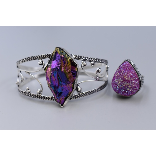 16 - A Crystal Titanium 925. Silver Cuff Bangle, With Titanium Druzy Stoned 925. Silver Ring