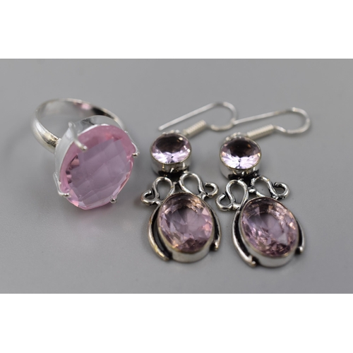 20 - A 925. Silver Pink Kunzite Stoned Ring and Earring Set