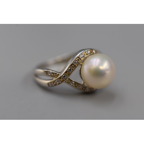 21 - Silver 925 Ring with Large Pearl and Clear Stone Design