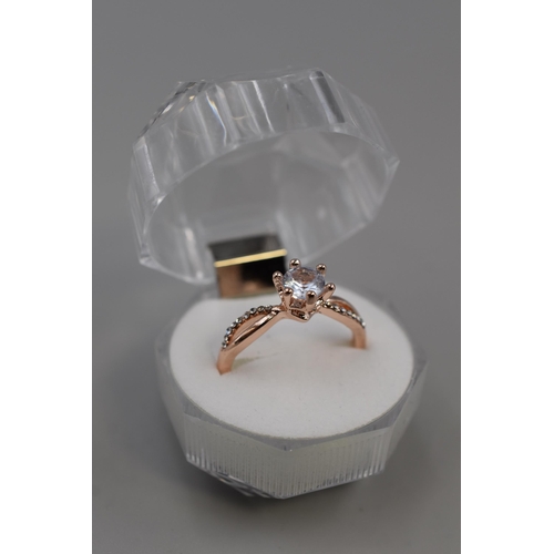 39 - A 925. Rose Silver Clear Stoned Ring, In Presentation Box