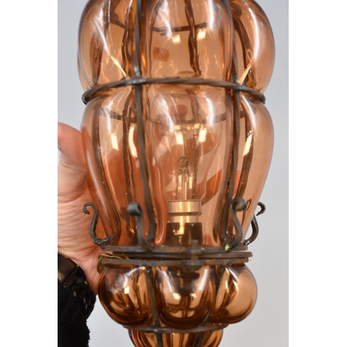 259 - Hand Blown Amber Glass and Metal Caged Light Fitting (Approx. 14”)