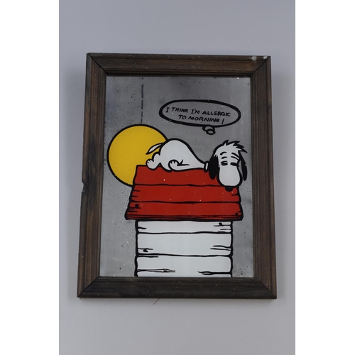 282 - A Snoopy 'I Think I'm Allergic To Morning' Wood Framed Mirror, Approx 9