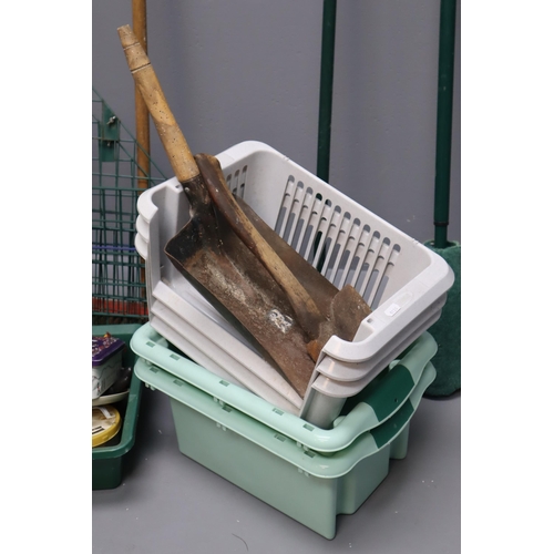 296 - A Large Selection of Various Gardening Equipment. Includes Axe, Brushes, Gloves and More