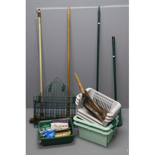 296 - A Large Selection of Various Gardening Equipment. Includes Axe, Brushes, Gloves and More