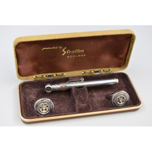 186 - Vintage Stratton Gift Set with Tyre Pressure Gauge and Wheel Themed Cufflinks. Complete in Stratton ... 