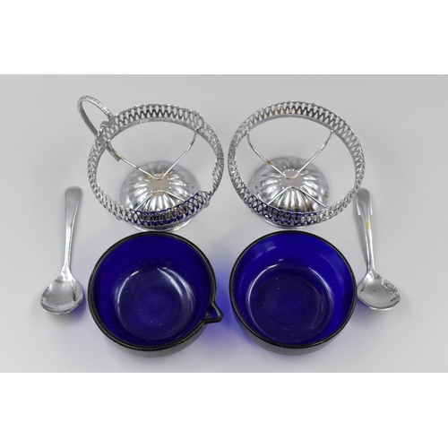 191 - Vintage Chromium Plated Milk and Sugar Condiment Set Complete with Spoons and Cobalt Blue Glass Line... 