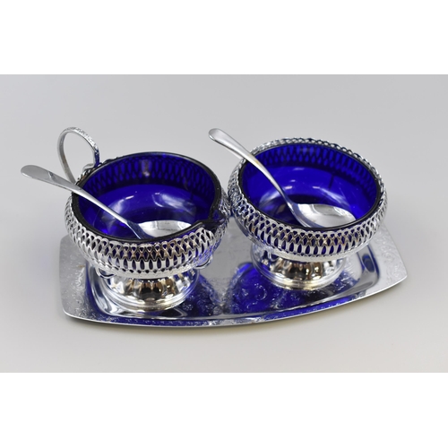 191 - Vintage Chromium Plated Milk and Sugar Condiment Set Complete with Spoons and Cobalt Blue Glass Line... 