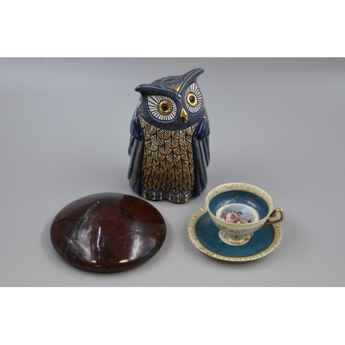 194 - Three Items To Include Rinconda Owl Figure, Lizard Serpentine Stone Paperweight, And Royal Vienna F ... 