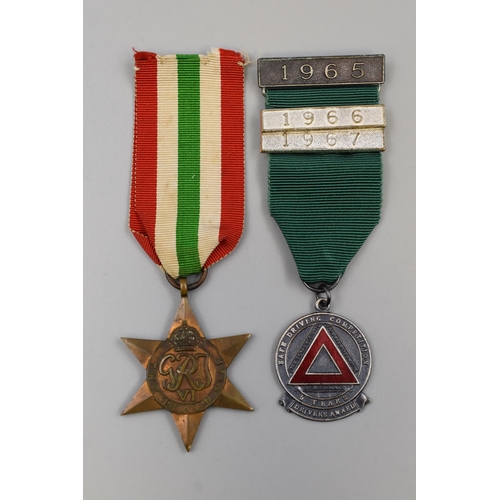 195 - World War II Italy Star Medal and a Safe Driving Medal (1965,1966, & 1967)