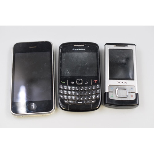 317 - Three Mobile Phones Blackberry, Nokia and Apple (Spares or Repairs)