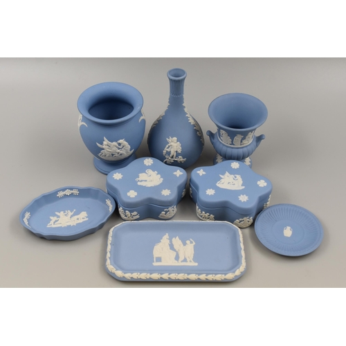 208 - Eight Pieces of Wedgwood Jasperware including Lidded Trinket Boxes and Vases