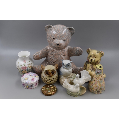 211 - Selection of China Bears, Vase and Figures including Coalport, and a Stratton Compact