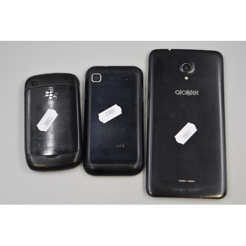 332 - Three Mobile Phones alcatel, Blackberry and Samsung (Spares or Repairs)