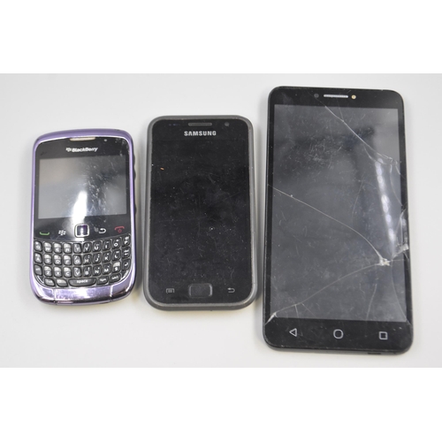 332 - Three Mobile Phones alcatel, Blackberry and Samsung (Spares or Repairs)