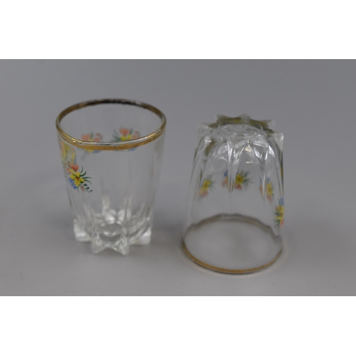 219 - Set of 1950’s / 1960’s Hand Decorated Shot Glasses in Metal Basket