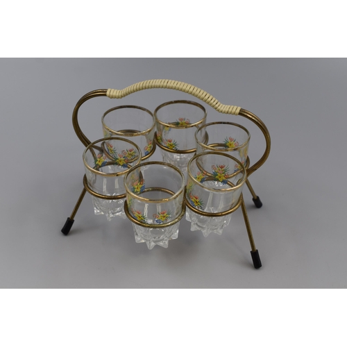 219 - Set of 1950’s / 1960’s Hand Decorated Shot Glasses in Metal Basket