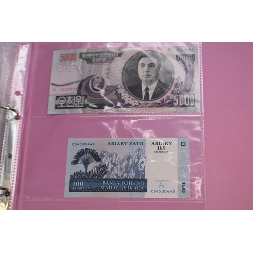 225 - Folder including a Selection of Uncirculated Worldwide Banknotes. Includes Venezuela, North Korea, M... 