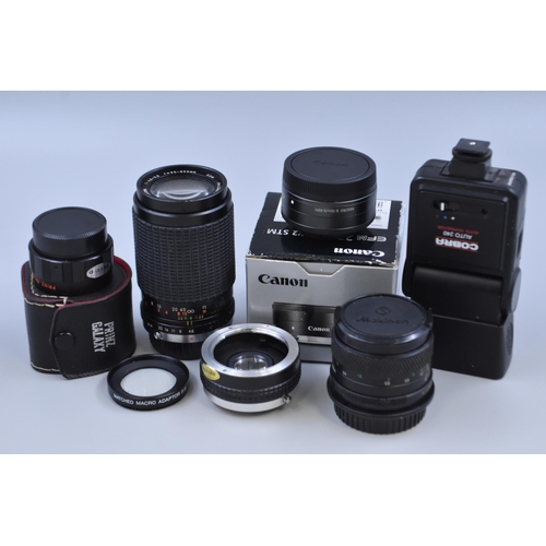 342 - Five Camera Lenses With Camera Flash Unit. Includes Canon EF M 22mm f/2 STM, And Others