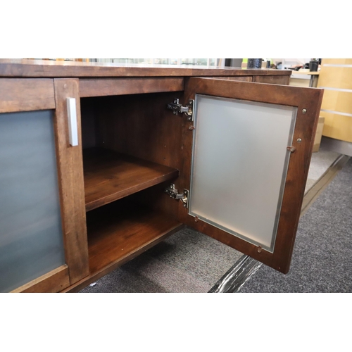 475 - Quality Modern Julian Bowen Solid Teak Twin Cupboard Sideboard Unit Dressed with Frosted Privacy Pan... 